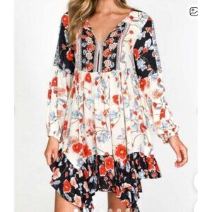 Patrons of Peace Peasant Dress Size M‎ Patchwork Boho Festival Handkerchief Hem